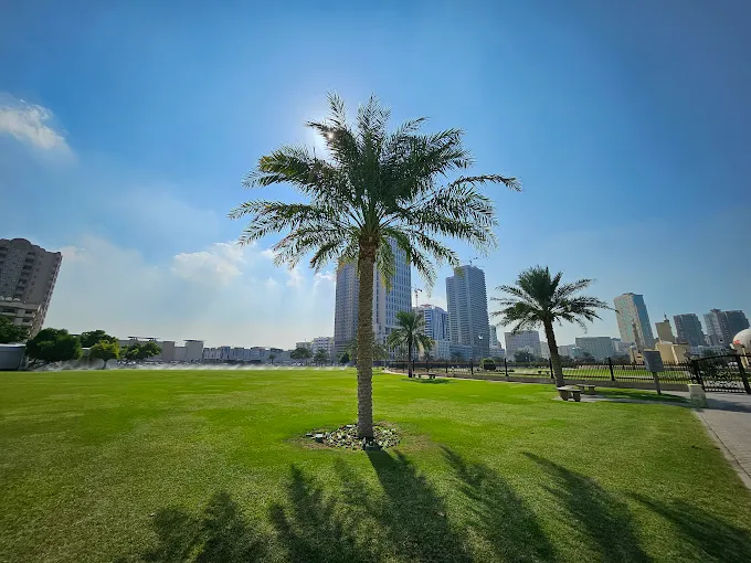 Parkland and palms beside Khalid Lagoon